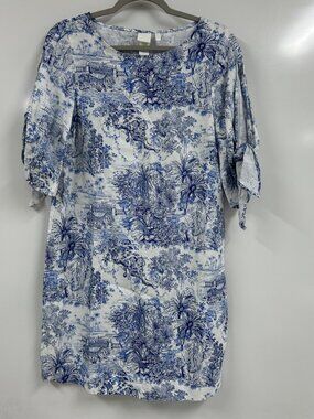 NWT Blue&White Toile Linen Blend Shift Dress Coastal Grandmillennial Chic Size 2